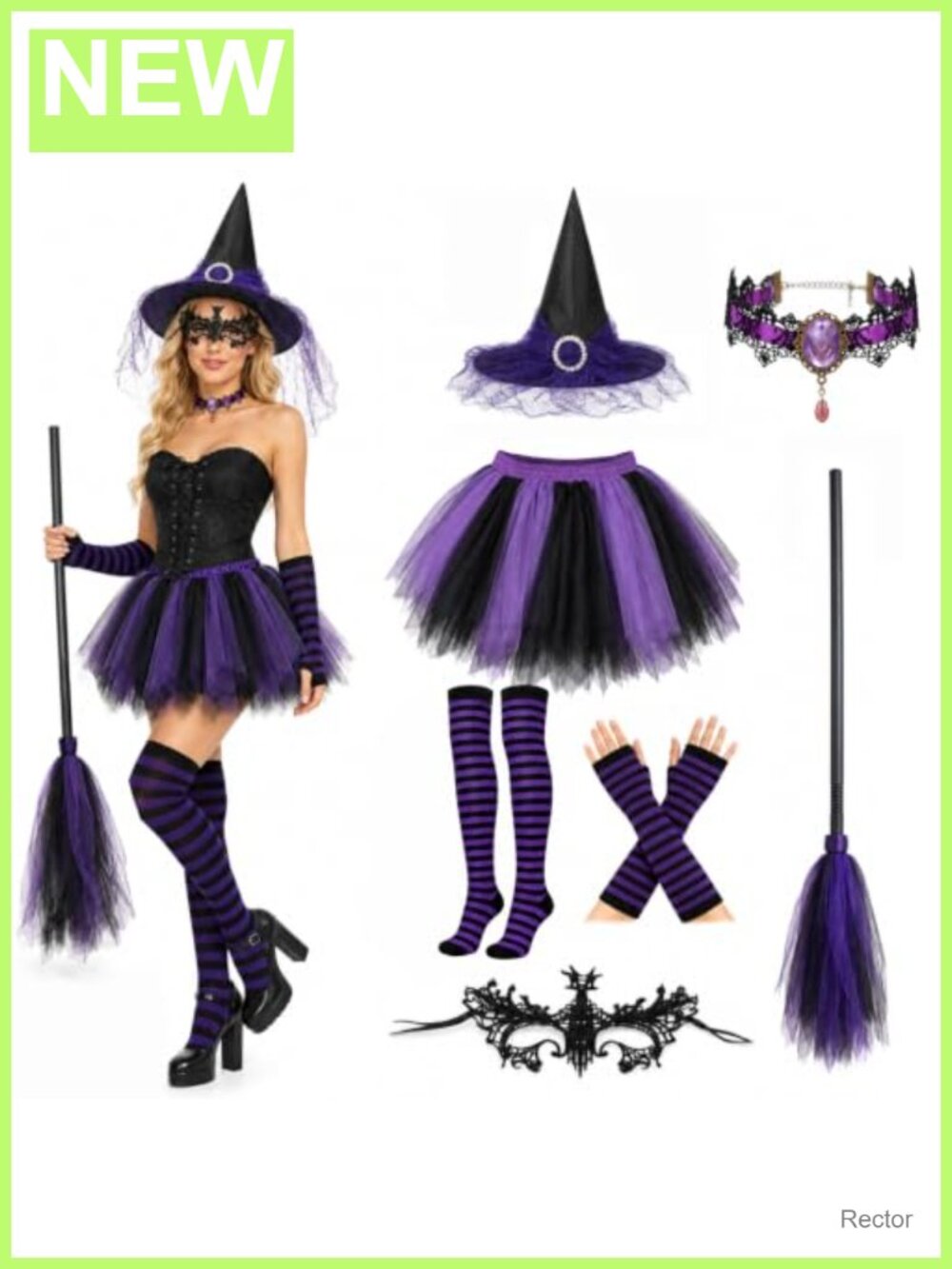 Witch Costume Set 7pc Tutu Hat Broom